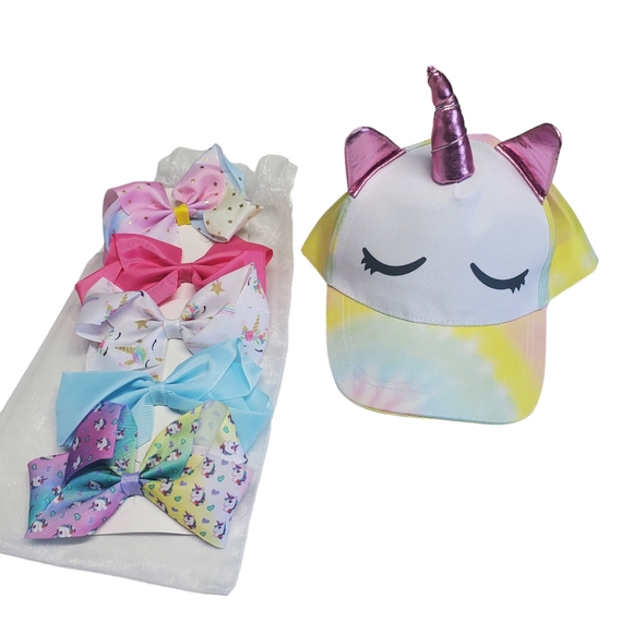 NWOT Girls Bundle Girls'  Unicorn Cap & Hair Bows  Set of 5 - Picture 8 of 14